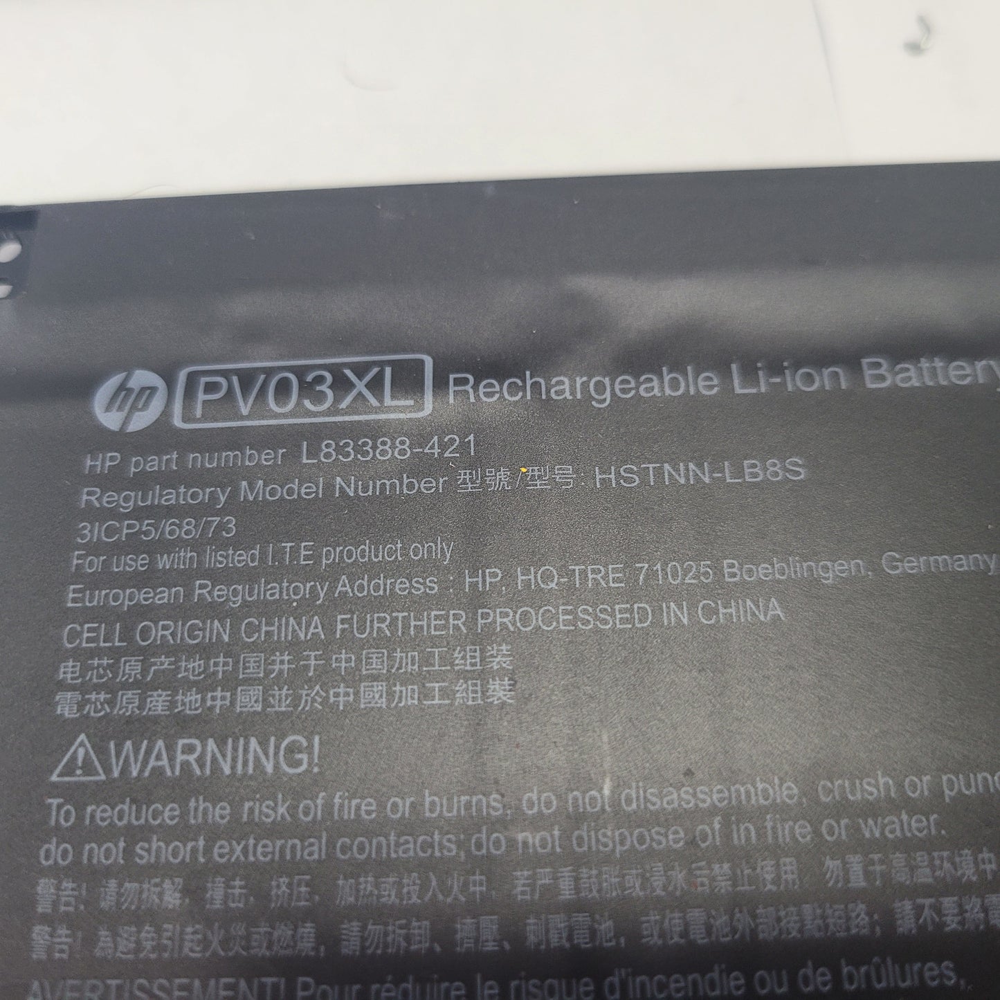 OEM HP PV03XL Li-ion Battery Part Number L83388-421 Model No. HSTNN-LB8S